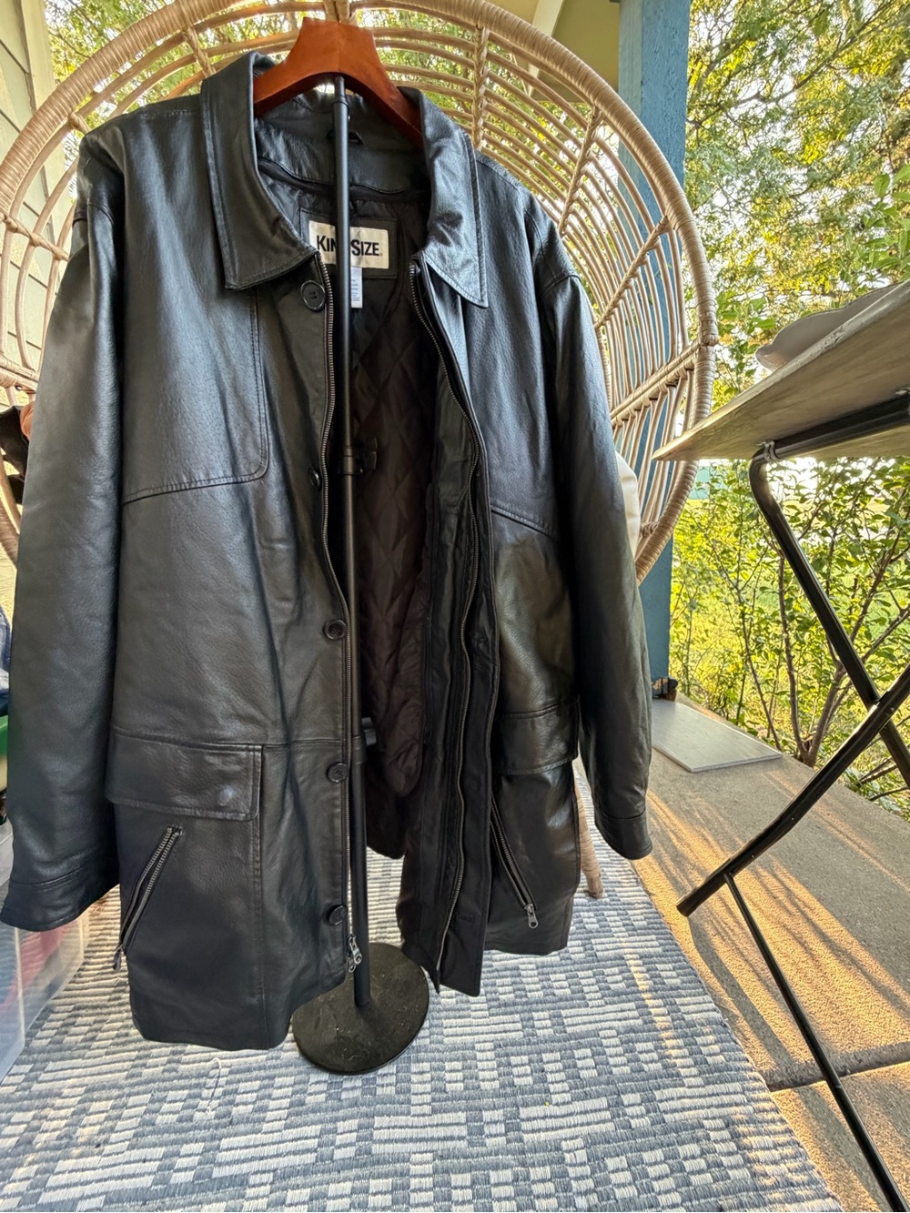 Men's Black Leather Pea Coat - King Size